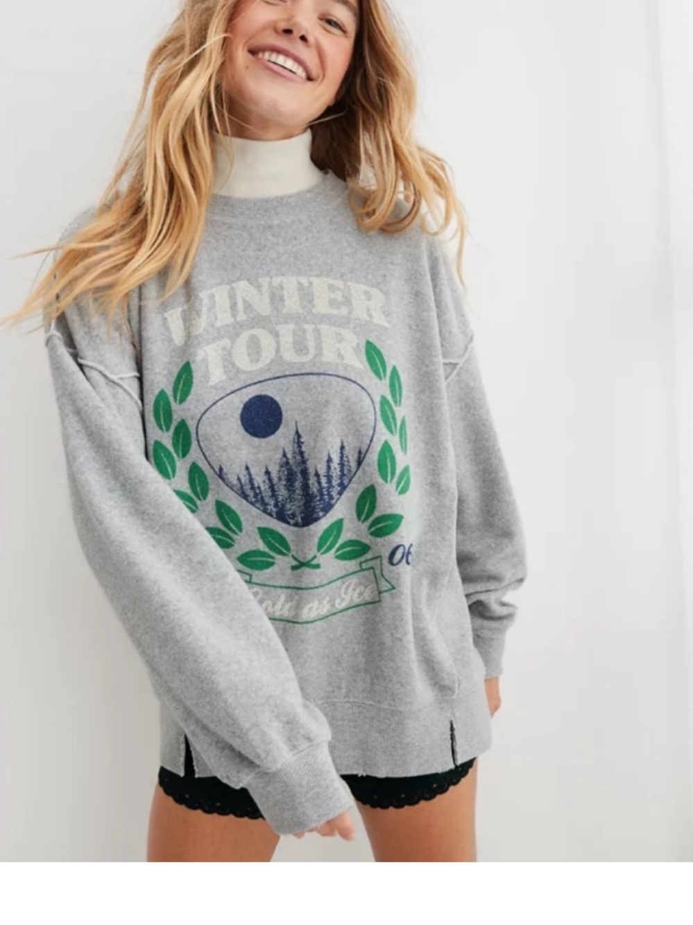aerie oversized Gray 'Winter Tour' Graphic Sweatshirt with Green Laurel